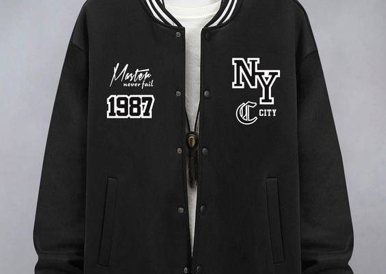 Black Casual Collar Long Sleeve Fabric Letter,Striped Varsity Embellished Slight Stretch  Men Outerwear