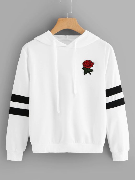 Rose Patched Striped Sleeve Drawstring Hoodie | ROMWE