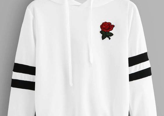 Rose Patched Striped Sleeve Drawstring Hoodie | ROMWE
