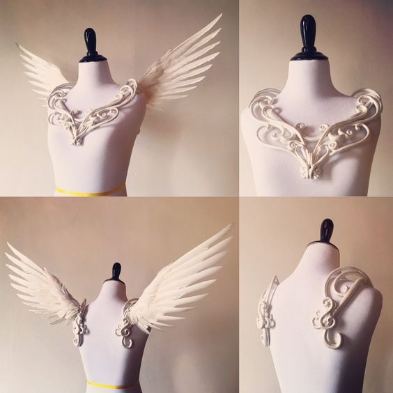 These angelic wings rest easily upon your shoulders, and make a stunning transformation or instant costume piece. They are the most comfortable wings you will ever wear, with no straps or strings. The collar is sculpted by hand, hand painted and sealed, and the wings are assembled with individual goose feathers. The wings are easily detached from the collar, to enable easy transport, and allow you to wear the collar alone if desired. These can also be made in the colors: gold, rose gold, silver,