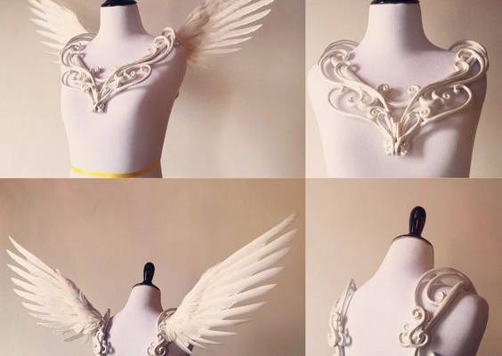 These angelic wings rest easily upon your shoulders, and make a stunning transformation or instant costume piece. They are the most comfortable wings you will ever wear, with no straps or strings. The collar is sculpted by hand, hand painted and sealed, and the wings are assembled with individual goose feathers. The wings are easily detached from the collar, to enable easy transport, and allow you to wear the collar alone if desired. These can also be made in the colors: gold, rose gold, silver,