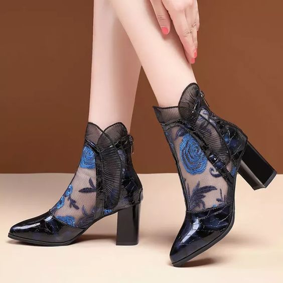 レディース エレガント 切り替え 刺繍 メッシュ チャンキーヒール ブーツ -ynancy.com