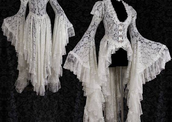 Women White Vintage Solid Lace Flare Sleeve Medieval Cardigan Cosplay Elegant Long Tail Pleated Outwear Victorian Ball Gown