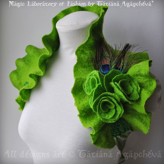 LA FEE VERTE Absinthe Green Fairy Wedding Bridal or Special Occasions Felted Bolero/Wrap/Capelet/Scarf/Cowl in Chartreuse Green with Three Roses and Peacock Feathers Corsage