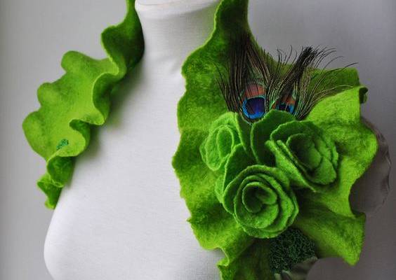 LA FEE VERTE Absinthe Green Fairy Wedding Bridal or Special Occasions Felted Bolero/Wrap/Capelet/Scarf/Cowl in Chartreuse Green with Three Roses and Peacock Feathers Corsage