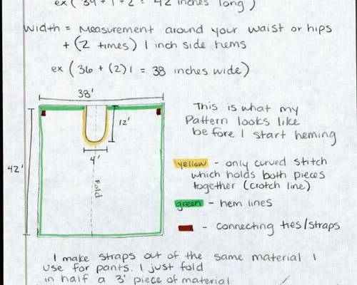 E ach piece makes one leg, sewn together in the U (make the U long enough to go from belly to back of waist), make tops of U long eno...