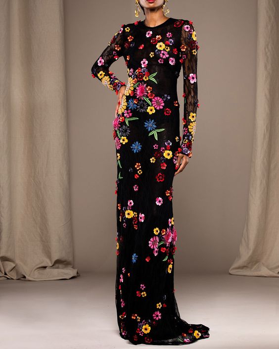 Elegant Floral Sequin Embroidery Dress Gown Black-S