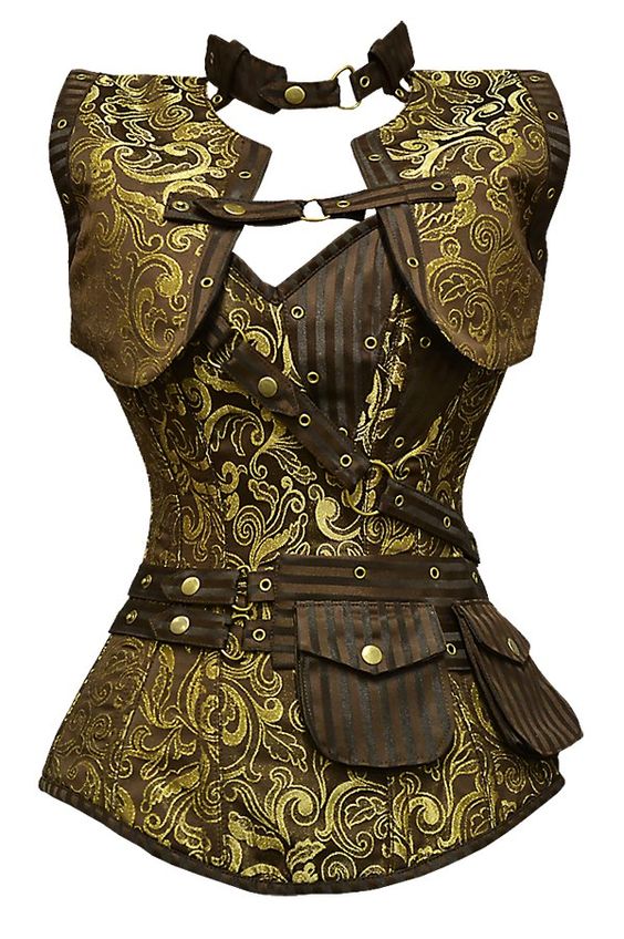 Brown and gold brocade corset with matching jacket.