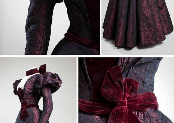 Afternoon dress ca. 1897. Silk brocade, velvet, chiffon. Made and worn by Ora Baily McCuthen, a concert pianist in San Diego. She was the daughter of James O. Baily, one of the first men to discover gold in the Julian area and one of the founders of Banner, California. ©Suzanne Hansen. San Diego History Center Flckr