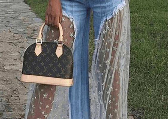 FREE SHIPPING Sexy Women Wide Leg Pants Sheer Mesh Star Print Splice Denim Pants High Waist Casual Loose Pants Jeans Fashion Party Trousers JKP2915