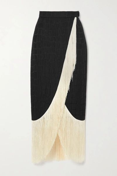 Shop Taller Marmo El Pareo Fringed Satin-jacquard Midi Skirt In Black from 500  stores, starting at $690. Similar ones also available. On SALE now! Taller Marmo’s ‘El Pareo’ skirt wraps around your body to form an asymmetric slit through the front. Woven in Italy from lustrous satin-jacquard, it’s trimmed with a contrasting swishy ecru fringe. Wear it with a blouse tucked into the high-rise waist. Wear it with: Alexandre Vauthier Bodysuit, Bottega Veneta Clutch, Bottega Veneta Sandals. – Black