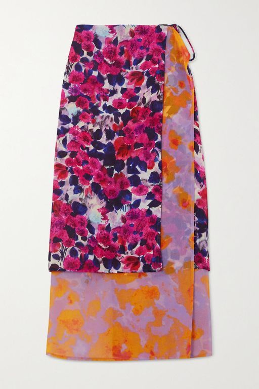 Women’s Dries Van Noten Layered Floral-print Crepe De Chine Midi Wrap Skirt – White – Mid length skirts Dries Van Noten channels dopamine dressing with this vibrant midi skirt. Detailed with ties at the side, the two layers splice together with contrasting floral patterns. Wear yours with a chic tank and heels.