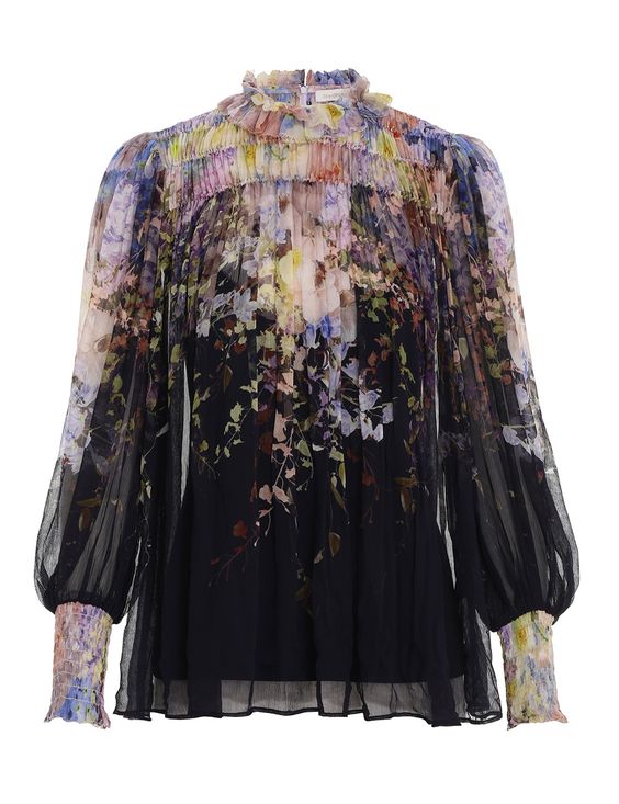 The Rhythmic Shirred Blouse in Black Border Citrus Garden from our Spring 2022 Collection, The Dancer. A crinkle georgette blouse featuring ruching across the top bodice and picot edged frills at the collar and cuffs.