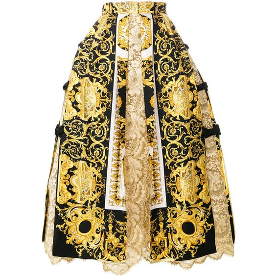 Versace baroque and lace skirt (49,980 MYR) ❤ liked on Polyvore featuring skirts, black, long layered skirt, a-line skirts, long flare skirt, layered lace skirt and versace