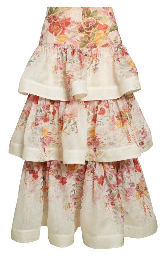 Beautiful blooms dapple a structured skirt cut from a lightweight blend of linen and silk and decked in a merry trio of rippling ruffles. Hidden back-zip closure 51% linen, 49% silk Dry clean Imported Women’s Designer Clothing