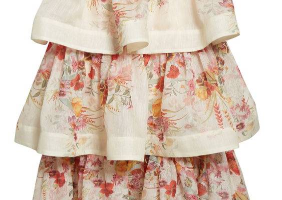 Beautiful blooms dapple a structured skirt cut from a lightweight blend of linen and silk and decked in a merry trio of rippling ruffles. Hidden back-zip closure 51% linen, 49% silk Dry clean Imported Women's Designer Clothing