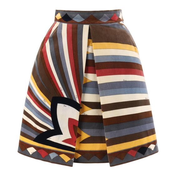 EMILIO PUCCI c.1960’s Multi-color Velvet Signature Print A-Line Pleated Skirt Circa: 1960’s Label(s): Emilio Pucci / Exclusively for Sak’s Fifth Avenue. Style: A-line skirt Color(s): Shades of brown, cream, yellow, red, blue, grey and black. Lined: Yes Marked Fabric Content: 100% Cotton Additional Details / Inclusions: Front pleated skirt with darts at waistline; banded waistline; left seam zipper with hook and eye closure at top; lined; cotton velveteen fabric. Made In: Italy Additional Packagi