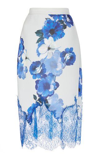 Floral Crepe Midi Skirt with Lace Trim by Costarellos Resort 2019