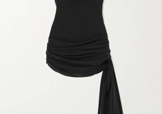 Alessandra Rich's clothing is designed to make you feel confident and beautiful. Seen on the Fall '23 runway, this mini dress is cut from silk-chiffon that falls to a gathered hem with a wispy trailing trim. One shoulder is adorned with a dainty bow, playing into the collection's boudoir inspiration.