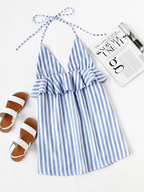 Shop Halter Neck Vertical Striped Frill Trim Dress online. SheIn offers Halter Neck Vertical Striped Frill Trim Dress