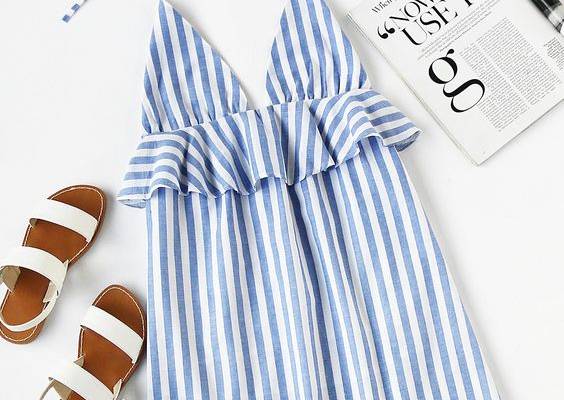 Shop Halter Neck Vertical Striped Frill Trim Dress online. SheIn offers Halter Neck Vertical Striped Frill Trim Dress