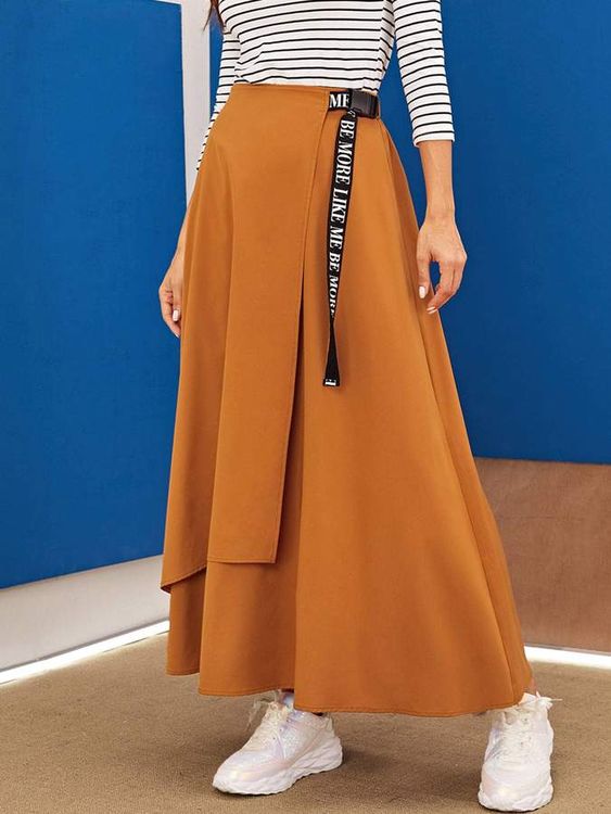 SHEIN Letter Print Push Buckle Belted Wrap Skirt