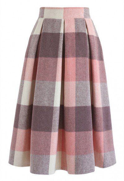 Greatest Embrace Check Wool-Blend Midi Skirt in Pink