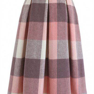 Greatest Embrace Check Wool-Blend Midi Skirt in Pink