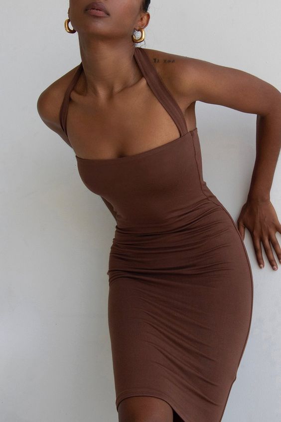 Halterneck Dress Chocolate – RE ONA