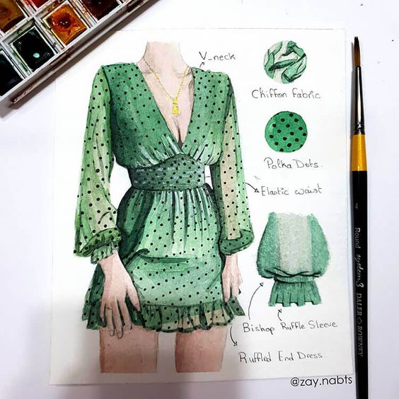 I personally love using outfit drawing references when I’m working on improving my drawing skills. If you’re the same way, you’re going to really enjoy browsing these drawing outfit ideas. This is a drawing of a green women’s dress with polka dots.
