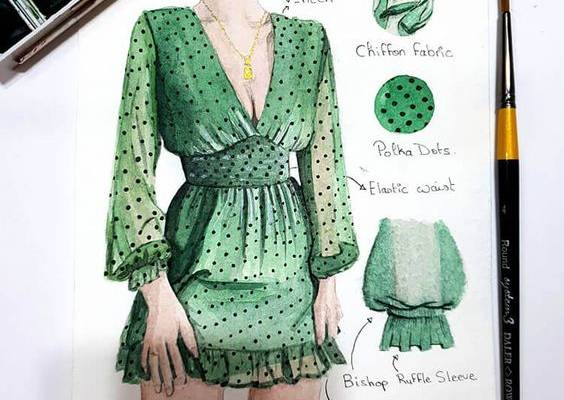I personally love using outfit drawing references when I'm working on improving my drawing skills. If you're the same way, you're going to really enjoy browsing these drawing outfit ideas. This is a drawing of a green women's dress with polka dots.