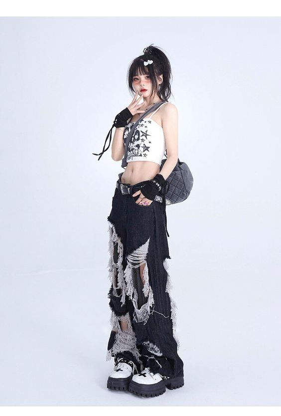 Ripped Tassel Jeans for Women 2023 Fashion High Waisted Jeans Holes Straight Vintage Streetwear Harun Pants Wide Leg Trouser Black-M