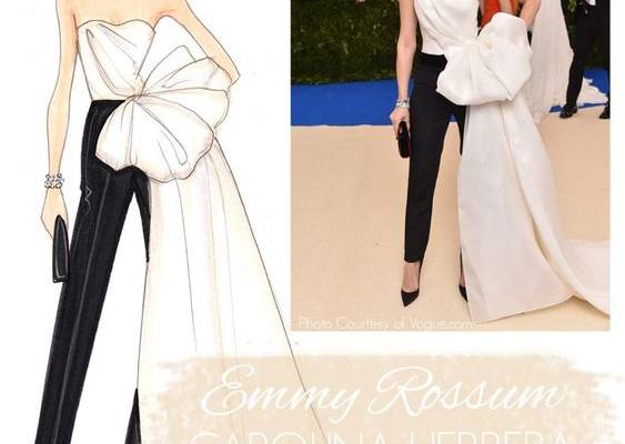 Emmy Rossum Wearing Carolina Herrera at the Met Gala 2018, Fashion Illustration by Joanna Baker
