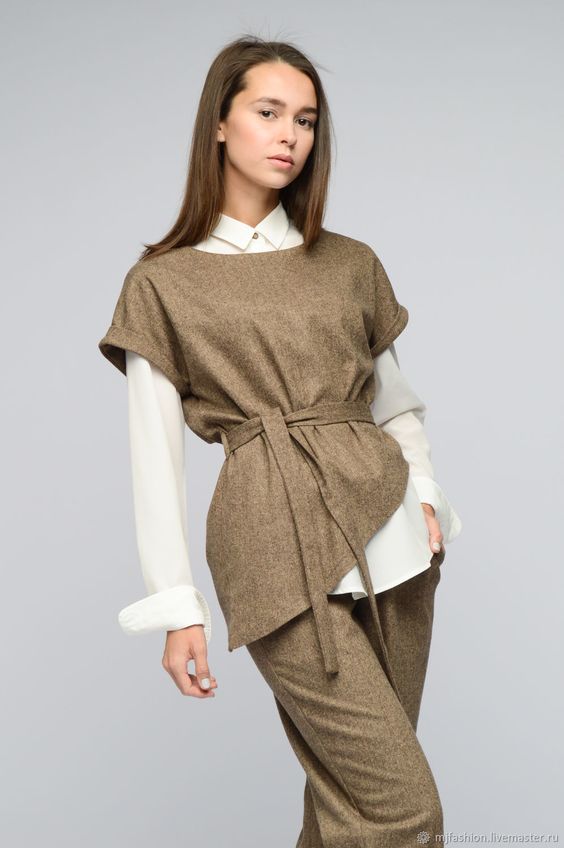 Купить Женский брючный костюм “Твид” из шерсти (арт. 1636) – Новый Год, коричневый, шерсть