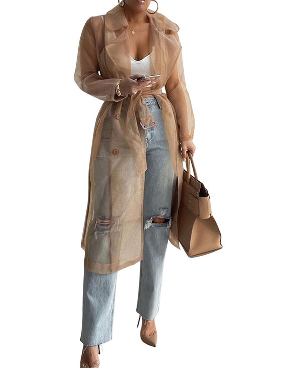 PRICES MAY VARY. 💖Material: Mesh Imported Button closure Hand Wash Only 💖Button closure 💖Made of polyester fabric, thin, lightweight, comfortable to wear 💖Features: solid color, long sleeves, notched lapel collar, adjustable belt at waist, see through 💖Sexy and elegant calf length mesh trenchcoat with waistband, pair with tank top, blouse, cami, jeans, shorts etc 💖Occasions: dressy plain outerwear is ideal clothing for casual daily, vacation, dating, work, party and street snap photography
