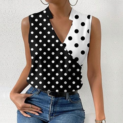 Fabric:Polyester; Sleeve Length:Sleeveless; Look After Me:Wet and Dry Cleaning,Washable,Machine wash; Gender:Women’s; Style:Elegant,Fashion,Basic; Elasticity:Micro-elastic; Tops Type:Tank Top; Occasion:Casual; Details:Without Lining; Top Length:Regular; Fit Type:Regular Fit; Pattern:Polka Dot; Design:Print; Neckline:V Neck; Front page:FF; Listing Date:06/20/2023; Production mode:External procurement; Clothing Length:; Bust:; Fit US Size:; Fit UK Size:; Fit EU Size:; Print Type:3D Print