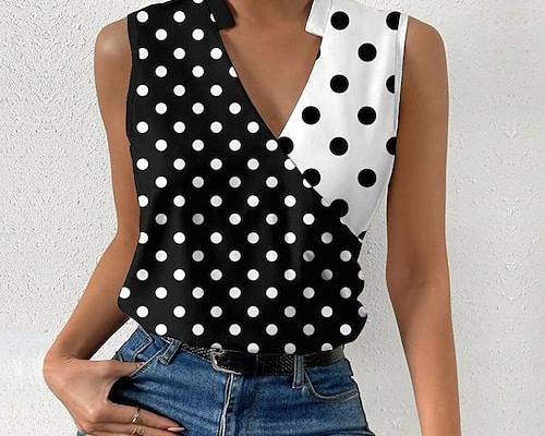 Fabric:Polyester; Sleeve Length:Sleeveless; Look After Me:Wet and Dry Cleaning,Washable,Machine wash; Gender:Women's; Style:Elegant,Fashion,Basic; Elasticity:Micro-elastic; Tops Type:Tank Top; Occasion:Casual; Details:Without Lining; Top Length:Regular; Fit Type:Regular Fit; Pattern:Polka Dot; Design:Print; Neckline:V Neck; Front page:FF; Listing Date:06/20/2023; Production mode:External procurement; Clothing Length:; Bust:; Fit US Size:; Fit UK Size:; Fit EU Size:; Print Type:3D Print