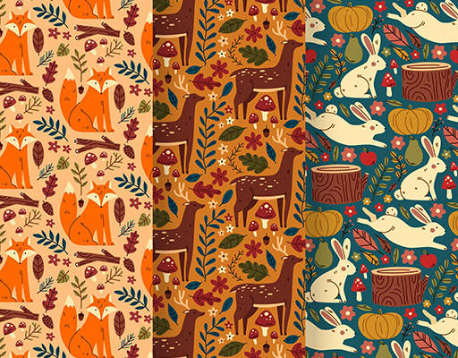 动物小兔子植物花朵印花花型素材矢量图