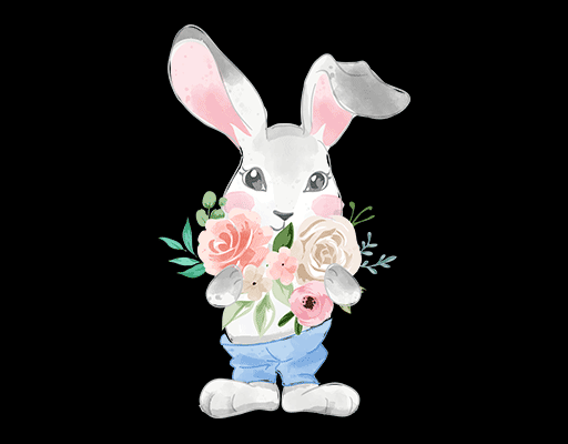 卡通兔子图案手绘兔子儿童印花素材卡通动物图案鲜花兔子手捧鲜花兔子