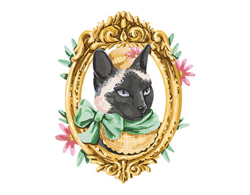 卡通动物图案手绘猫头像富贵图案女装印花素材金色相框猫