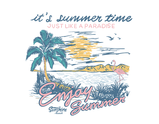 海浪图案手写英文字母图案椰子树图案火烈鸟图案女装印花素材