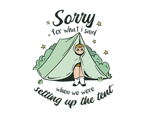 露营人物图案卡通英文字母帐篷图案女装印花素材手写英文字母