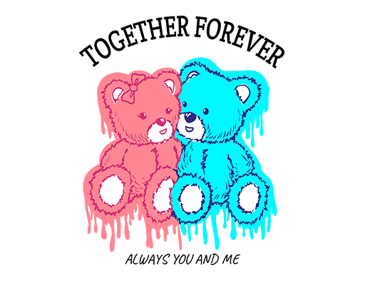 涂鸦小熊图案两只熊印花素材女装印花素材变形英文字母彩色小熊手写英文字母