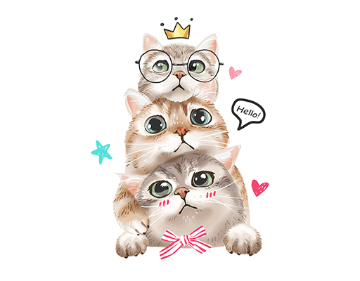 三只猫图案手绘猫头像卡通动物图案戴眼镜的猫咪可爱猫印花素材女装动物印花素材