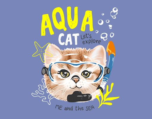 潜水的猫头像可爱卡通动物猫咪头像手写英文字母图案儿童印花素材手绘卡通动物