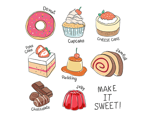 卡通食物图案手绘食物蛋糕面包图案手写英文字母甜甜圈图案女装印花素材