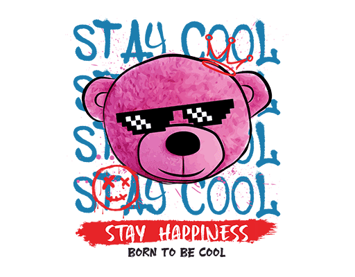 卡通小熊图案手绘小熊头像卡通英文字母图案戴墨镜的小熊涂鸦小熊头像粉色小熊女装印花素材