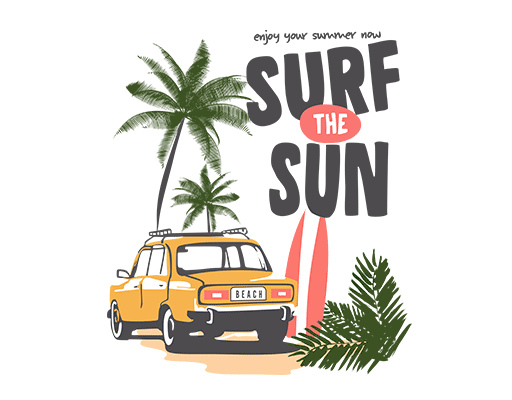 卡通英文字母卡通汽车夏日风景图案椰子树图案小轿车女装印花素材夏日印花素材