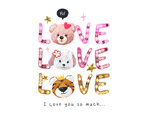 卡通小熊头像LOVE英文字母卡通兔子头像卡通老虎头像女装印花素材珠片绣花文字