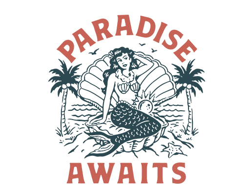 美人鱼图案手绘卡通女孩手绘美人鱼印花图案海滩贝壳图案椰子树图案女印花素材